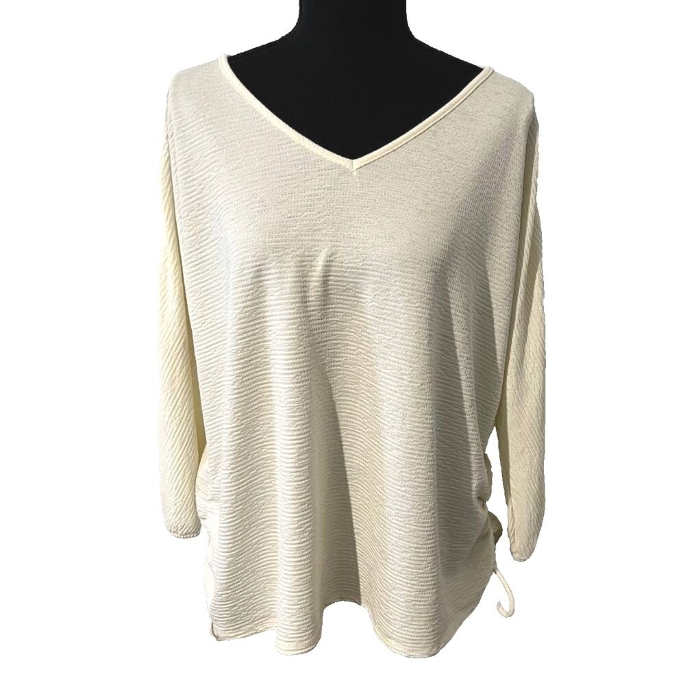 Cato Womens Large Ivory Textured V Neck Side Drawstring Cutout Sleeve Blouse